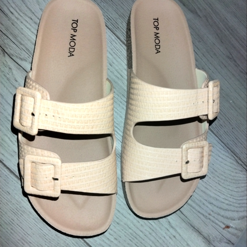 Beige faux raffia adjustable cork bottom Sandal size 8 top moda - Picture 4 of 6